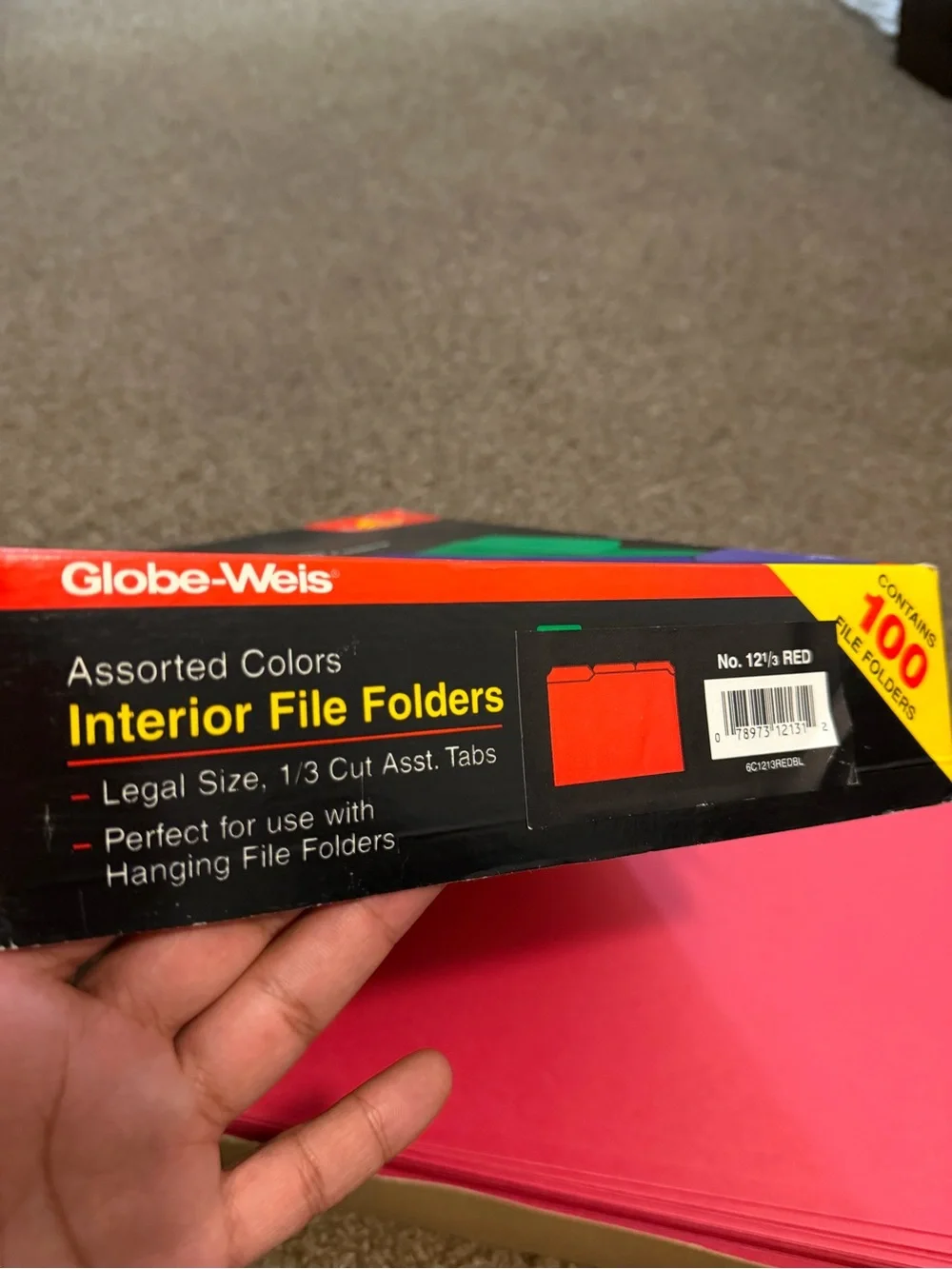 Globe-Weis Legal Size Interior File Folders Assorted Colors 1/3 Cut Tabs 80 ct.